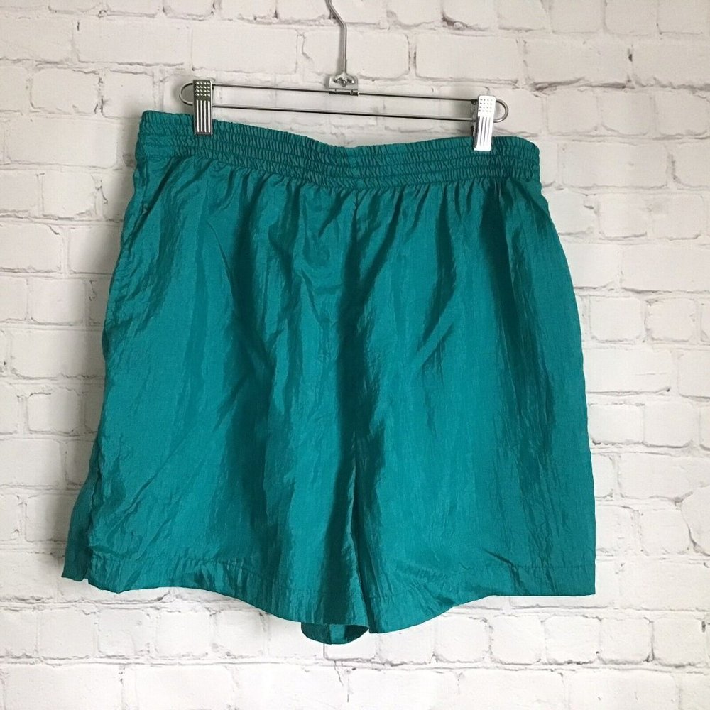 Vintage 80s ATHLETECH Crinkle Nylon Shorts L Teal Green Elastic Waist Pockets